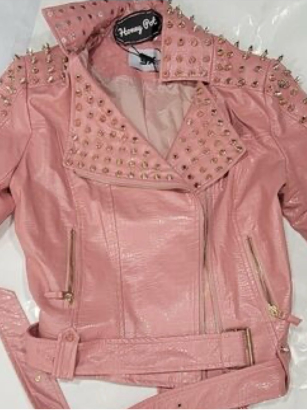 Honey Belle Studded Pink Faux Leather Moto Jacket